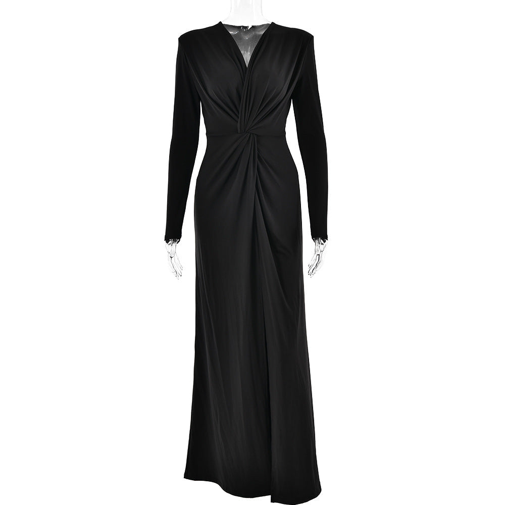Party Alluring Deep - V Slit Black Maxi Dress