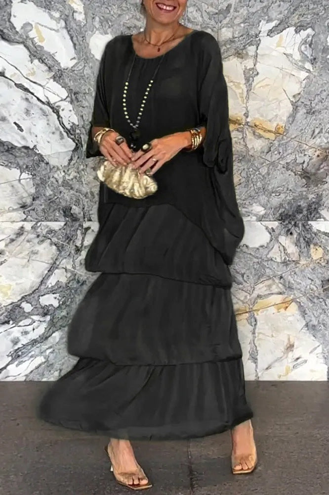 Black Round Neck Batwing Sleeve Overlay Tiered Maxi Dress