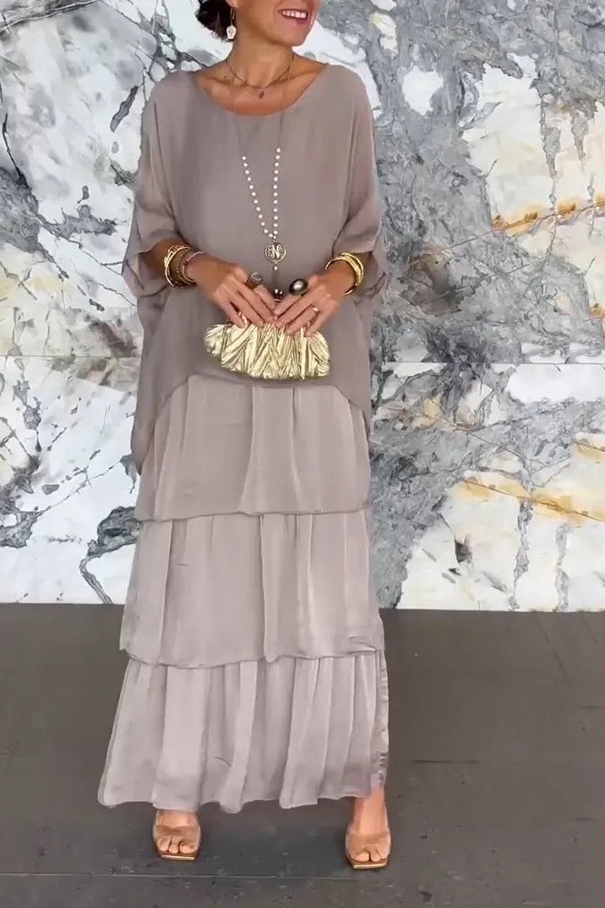 Gray Round Neck Dolman Sleeve Tiered Layered Chiffon Maxi Dress