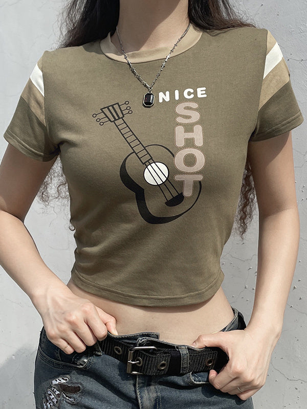 Guitar Print Crew Neck Top