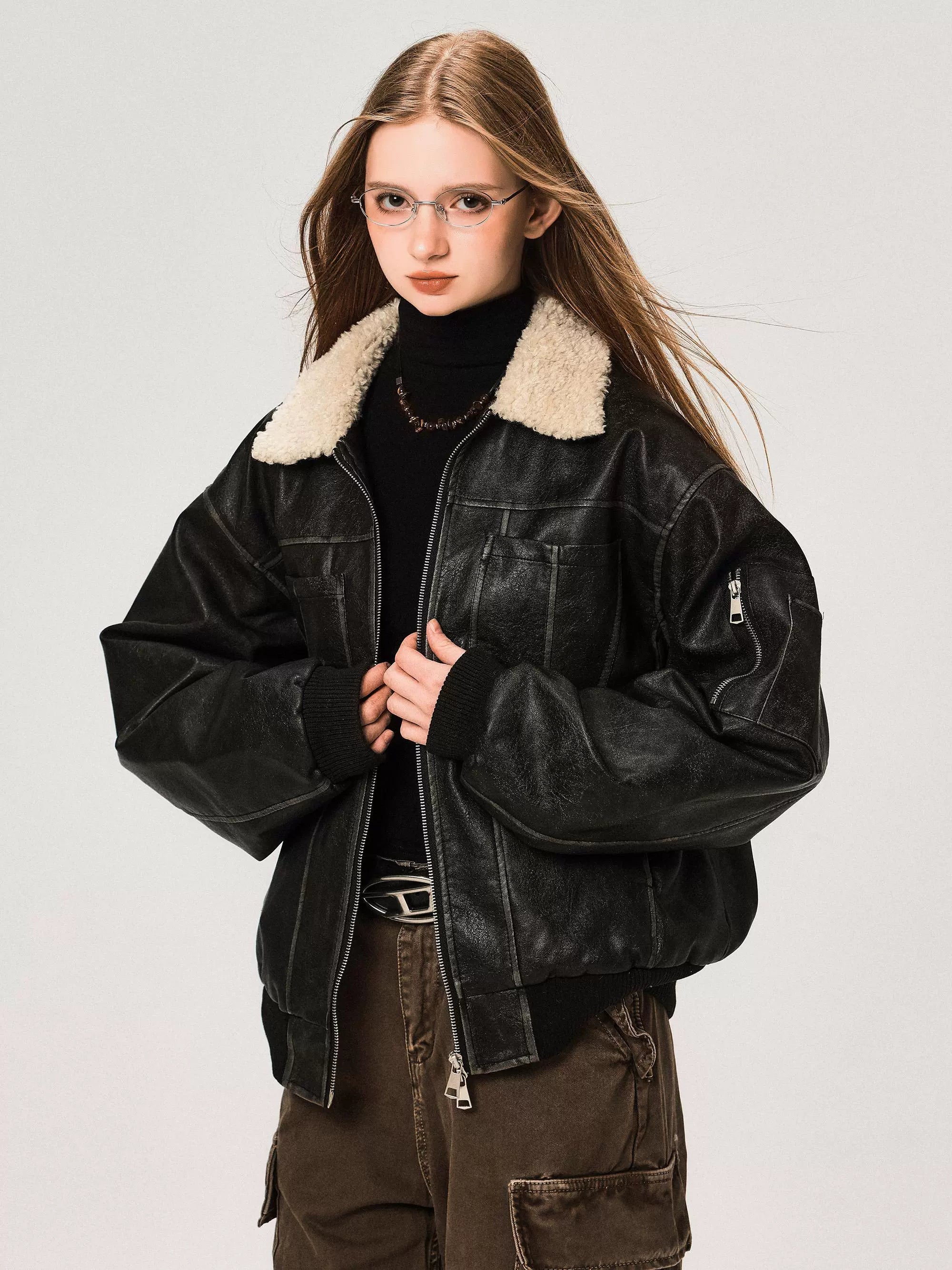 PU Leather Jacket with Lamb Wool Collar