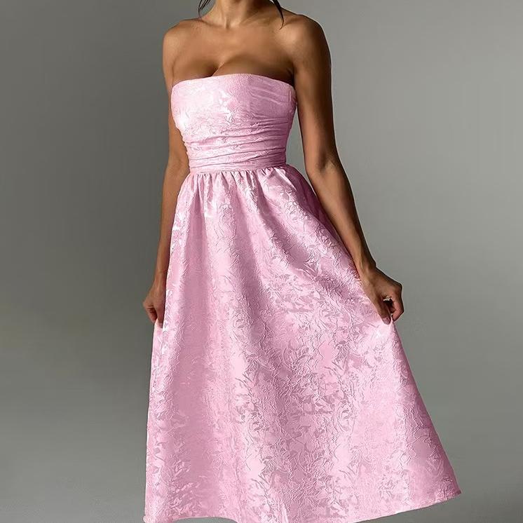 Strapless Jacquard Ruched Waist A-Line Midi Dress