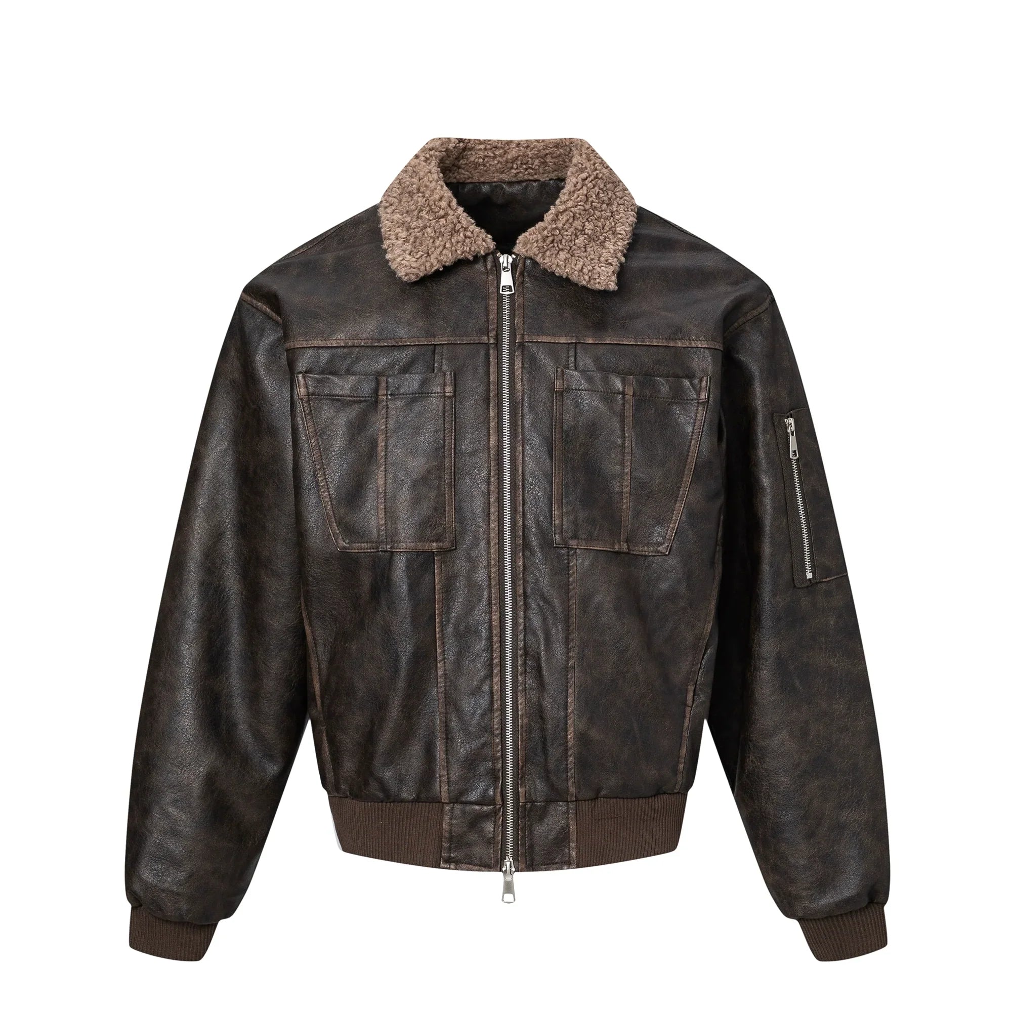 PU Leather Jacket with Lamb Wool Collar