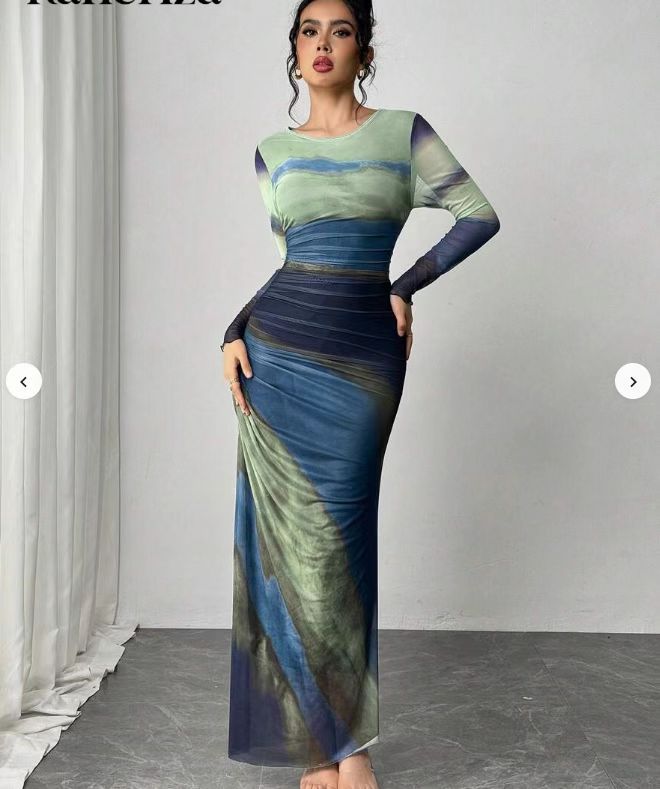 Round Neck Long Sleeve Mesh Tie Dye Ruched Bodycon Maxi Dress 9