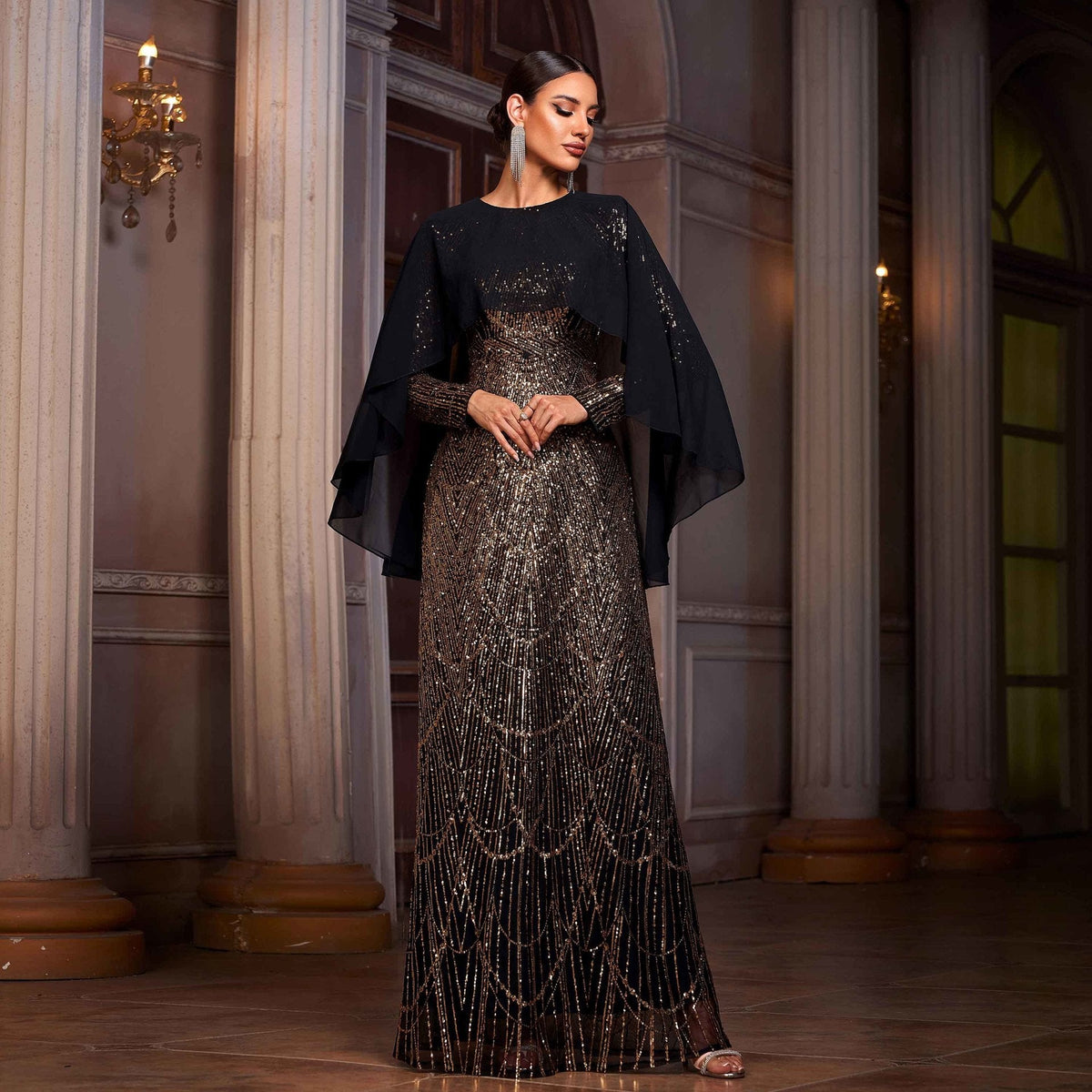 Gold Round Neck Sequin Chiffon Cape Long Sleeve Column Maxi Gown