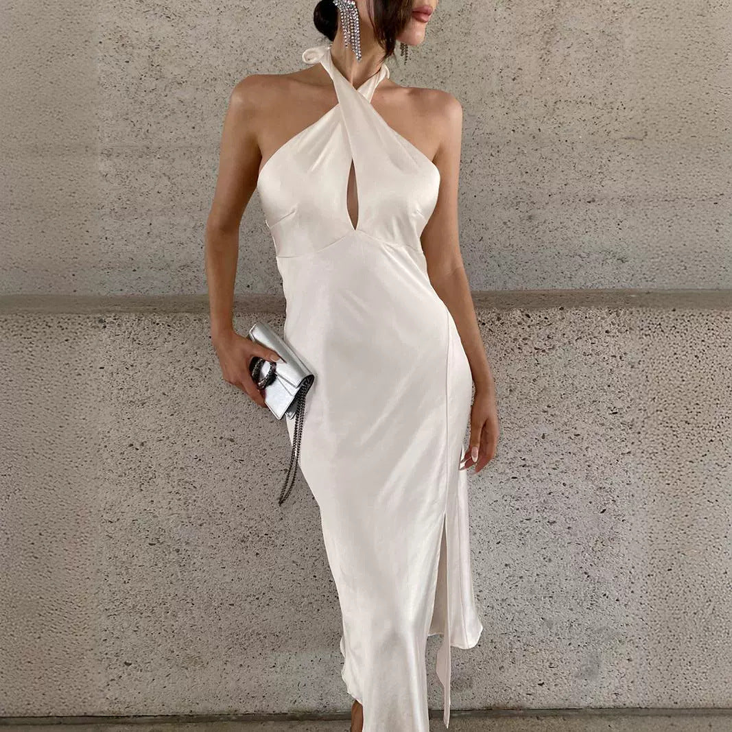 Halter Neck Satin Keyhole Cutout Backless High Slit Maxi Dress 7