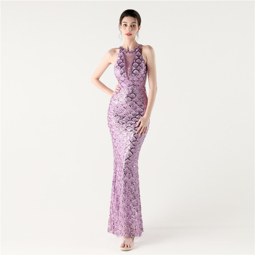 Halter Neck Sequin Illusion Mesh Mermaid Maxi Gown
