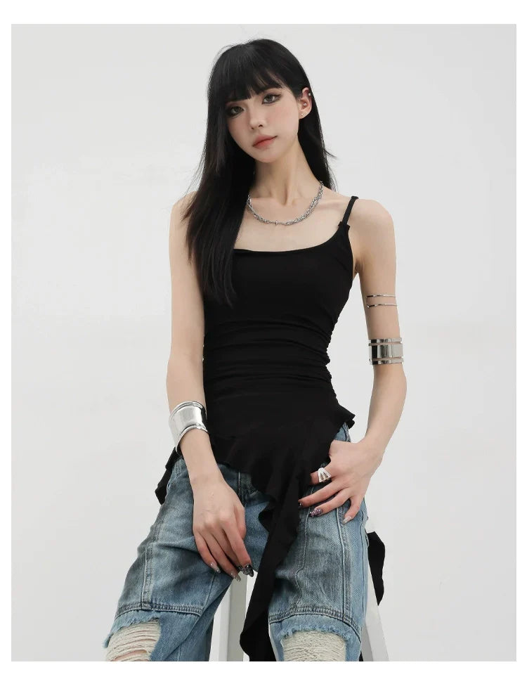 Black Asymmetric Ribbon Strap Tank Top With Ruffle Edge Design