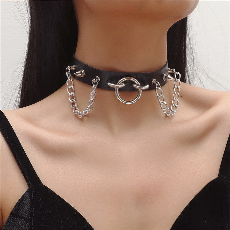 Personality Oring Rivet Chain Punk Leather Gothic Necklace