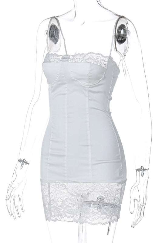 Spaghetti Strap Lace Trim Satin Corset Bodycon Midi Dress