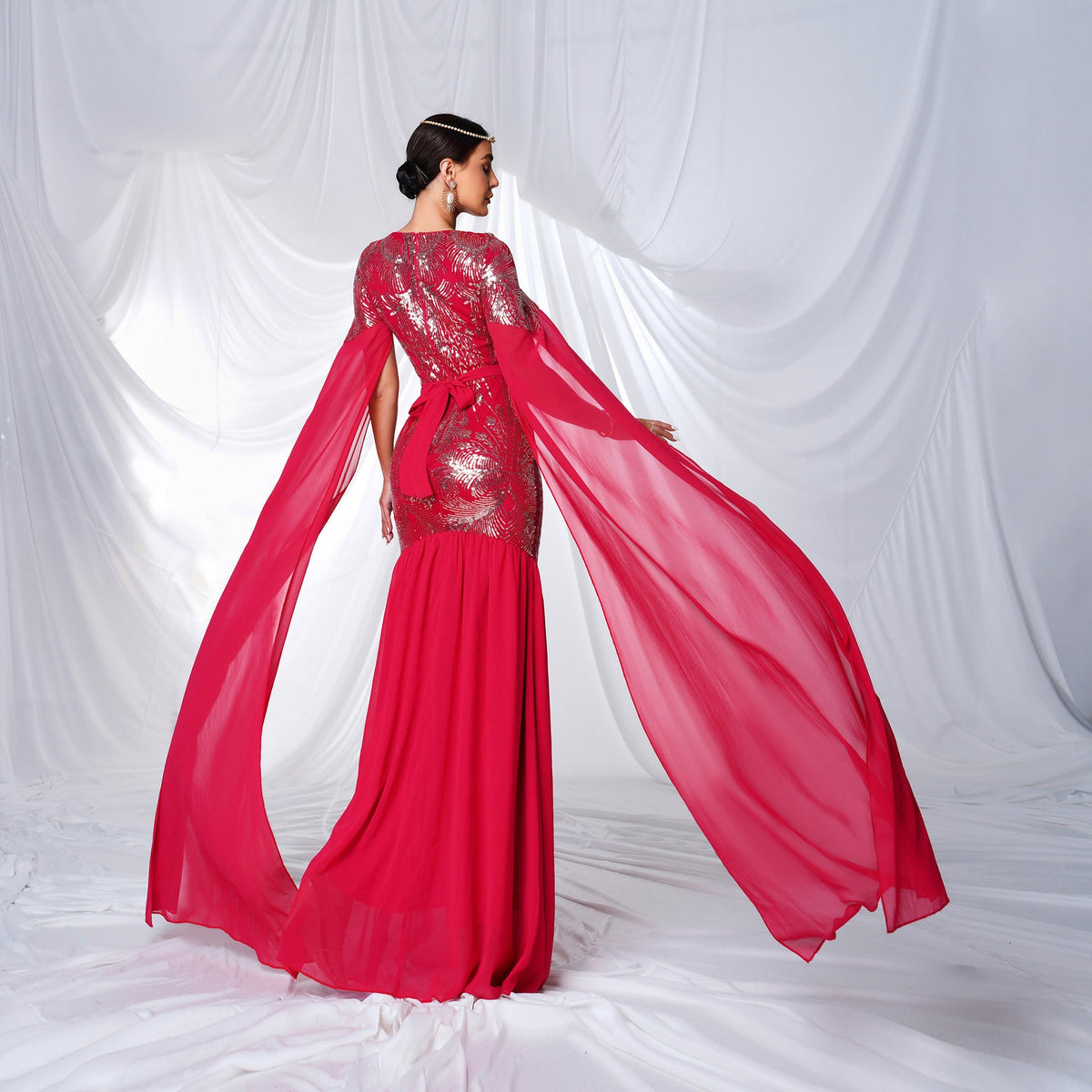 Red Round Neck Sequin Chiffon Cape Sleeve Mermaid Maxi Gown