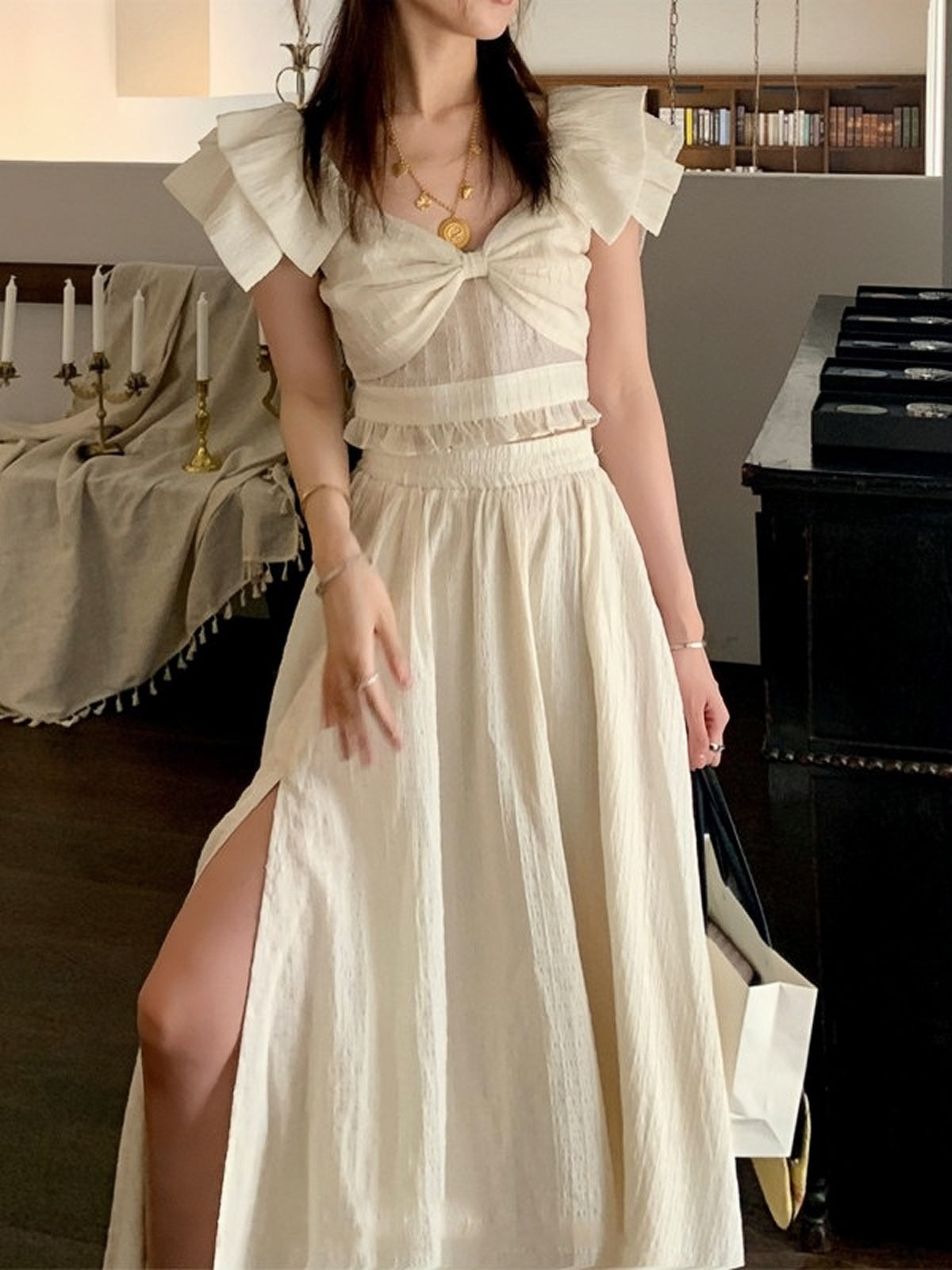 French Retro Twopiece Dress With Bow S / White White Slit Maxi Dress
