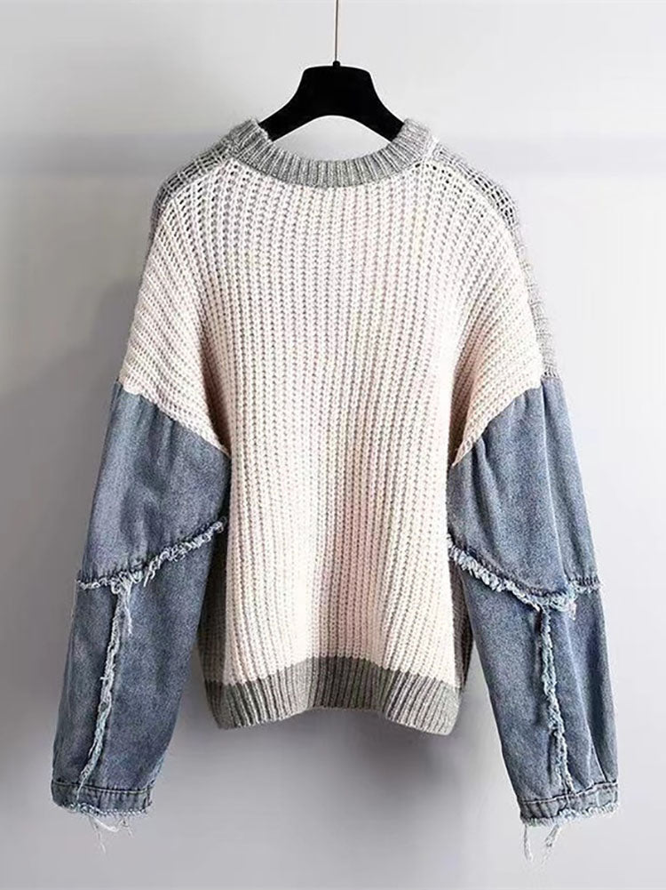 Knitted Color Block Turtleneck Modern Long Sleeve Sweater - Pink