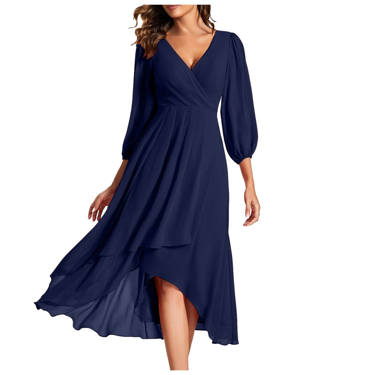 V-Neck Wrap Balloon Sleeve Chiffon High-Low Ruffle Midi Dress 6