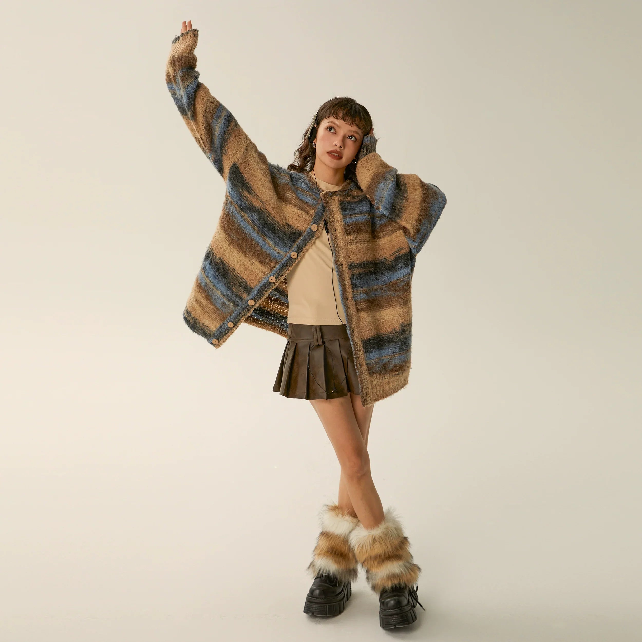 Oversized Fuzzy Striped Button-Up Cardigan