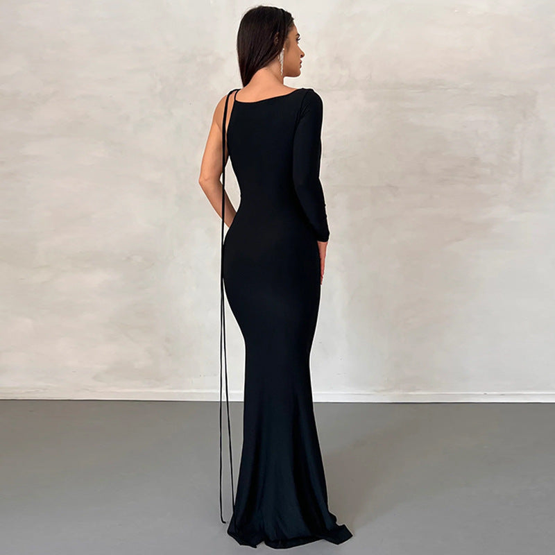Cowl Neck One Shoulder Backless Draped Mermaid Maxi Dress