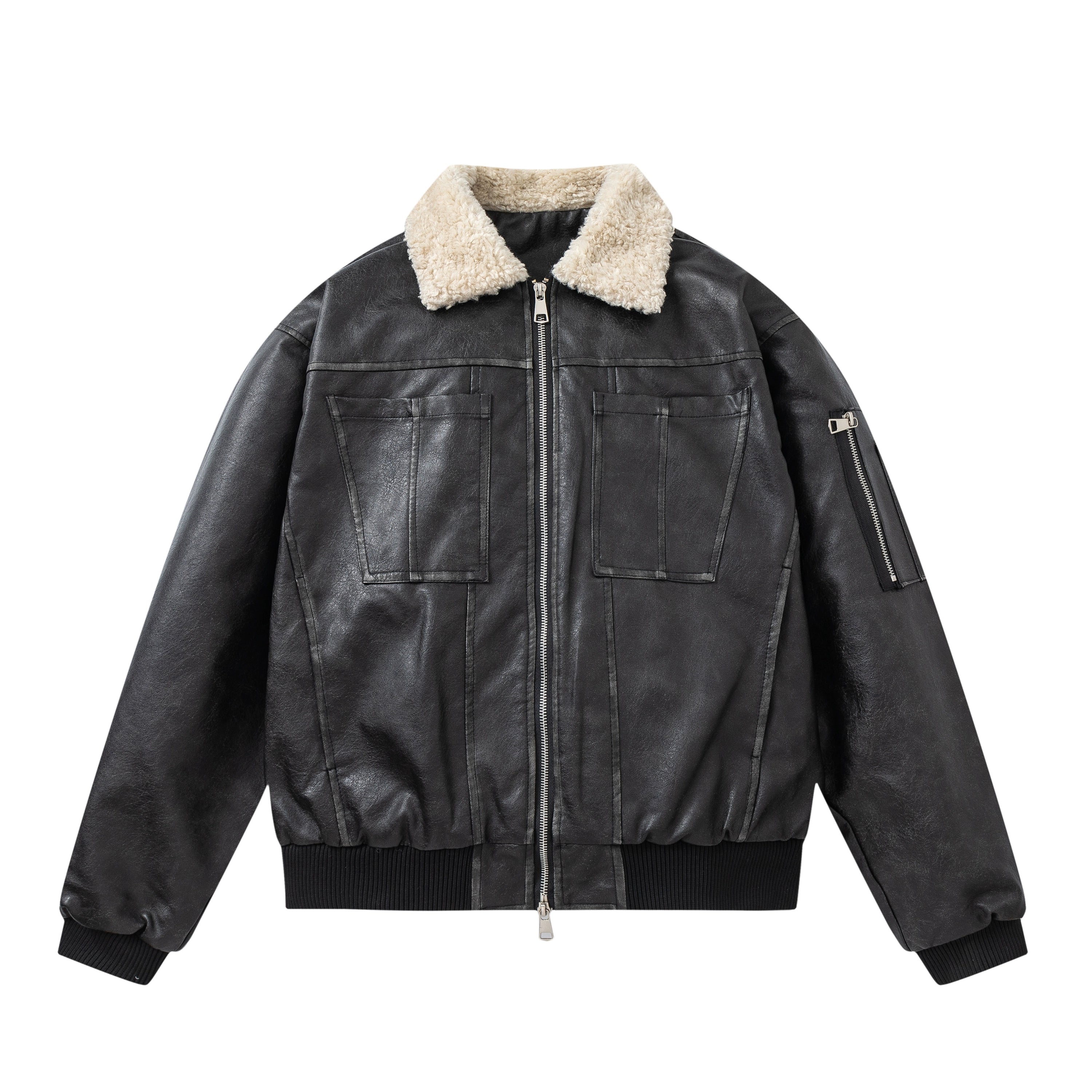 PU Leather Jacket with Lamb Wool Collar