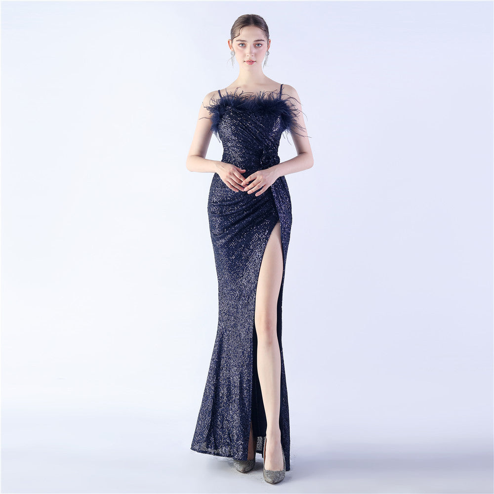 Spaghetti Strap Feather Trim Sequin High Slit Mermaid Gown 9