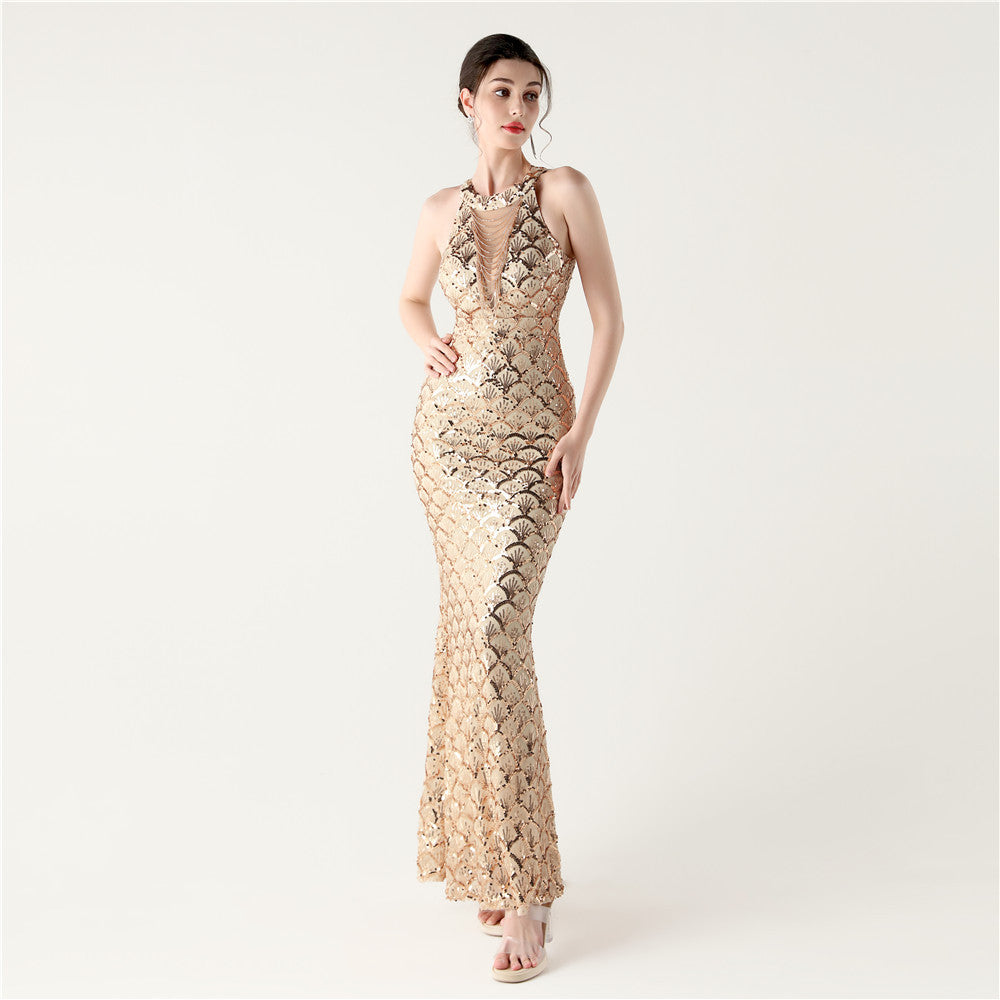 Halter Neck Sequin Illusion Mesh Mermaid Maxi Gown 6