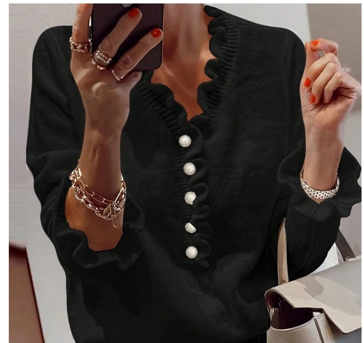 Contrast Ruffle Trim Button Sweater