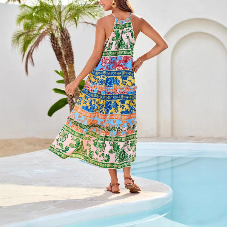 Halter Neck Floral Print Tiered Ruffle Boho Maxi Dress