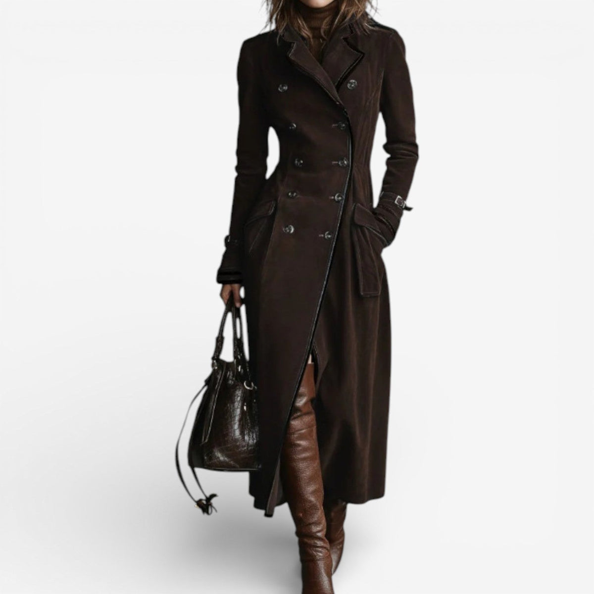 Notch Lapel Double-Breasted Suede Long Trench Coat 3