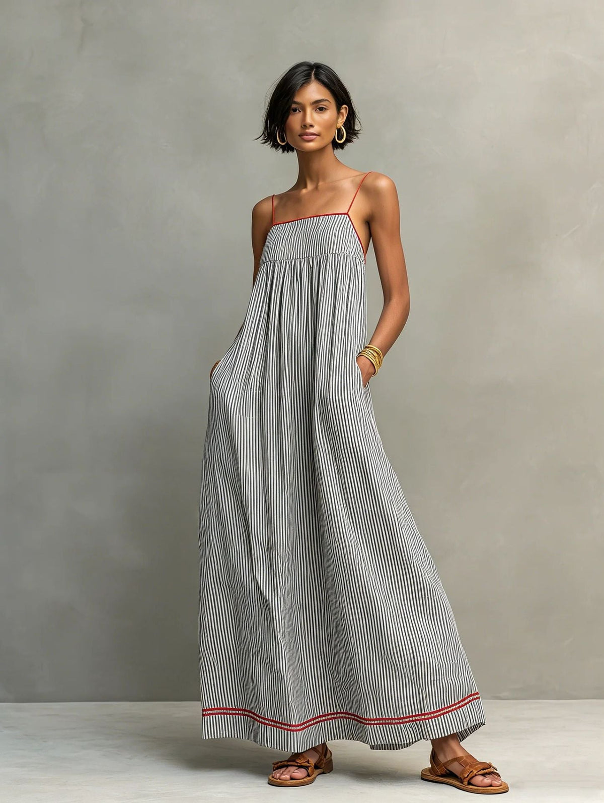 Spaghetti Strap Striped Contrast Trim Flowy A-Line Maxi Dress 3