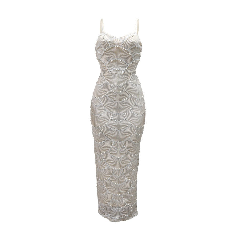 Spaghetti Strap Pearl Beaded Scallop Cutout Bodycon Midi Dress 7