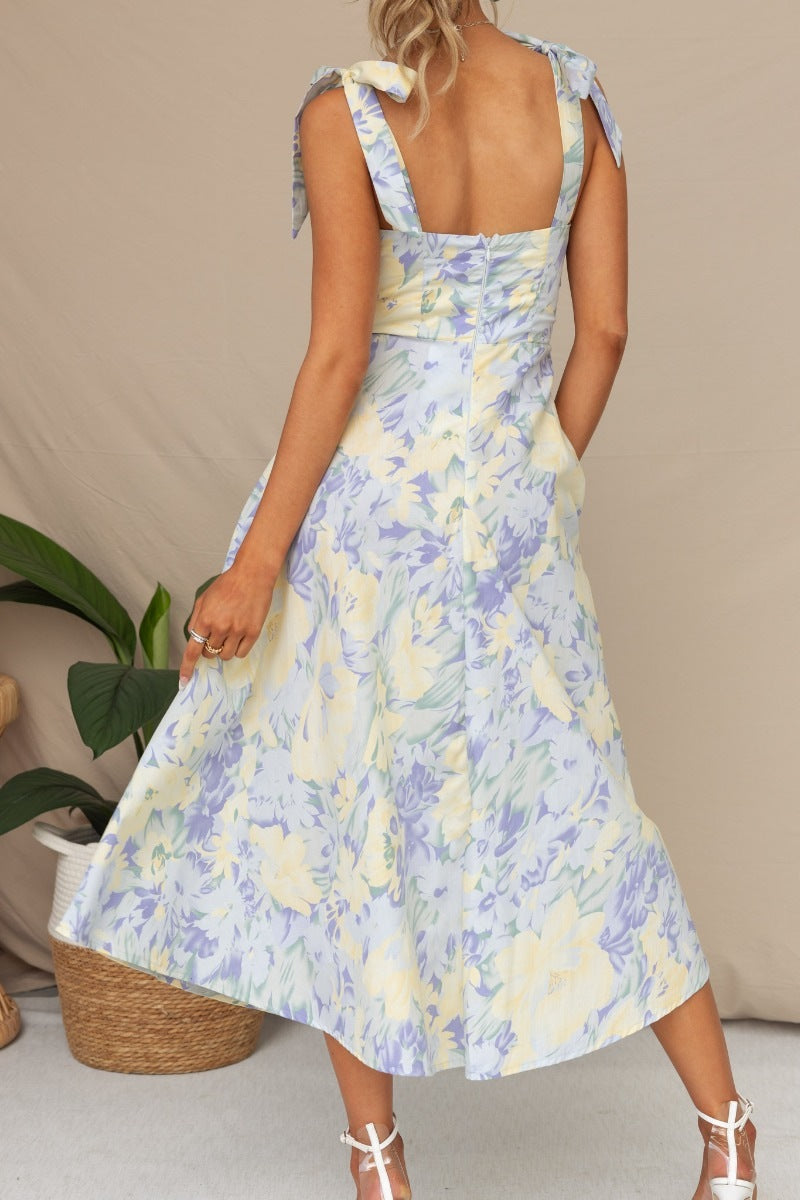 Blue Tie Strap Sweetheart Neck Floral Print Ruched Fit Flare Midi Dress 4