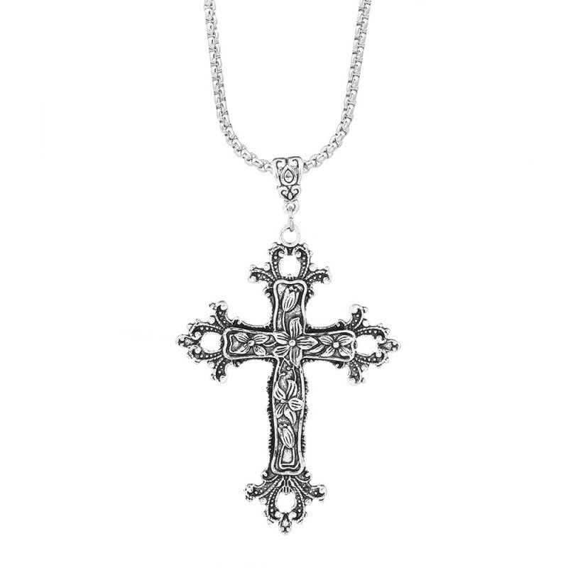Exaggerated Gothic Silver Cross Hiphop Sweater Necklace
