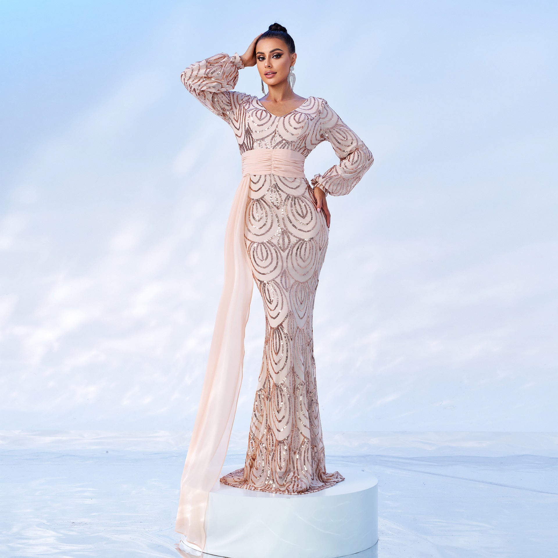 Long Sleeve Long Sequined V neck Cocktail Ribbon Evening Dress Bridesmaid