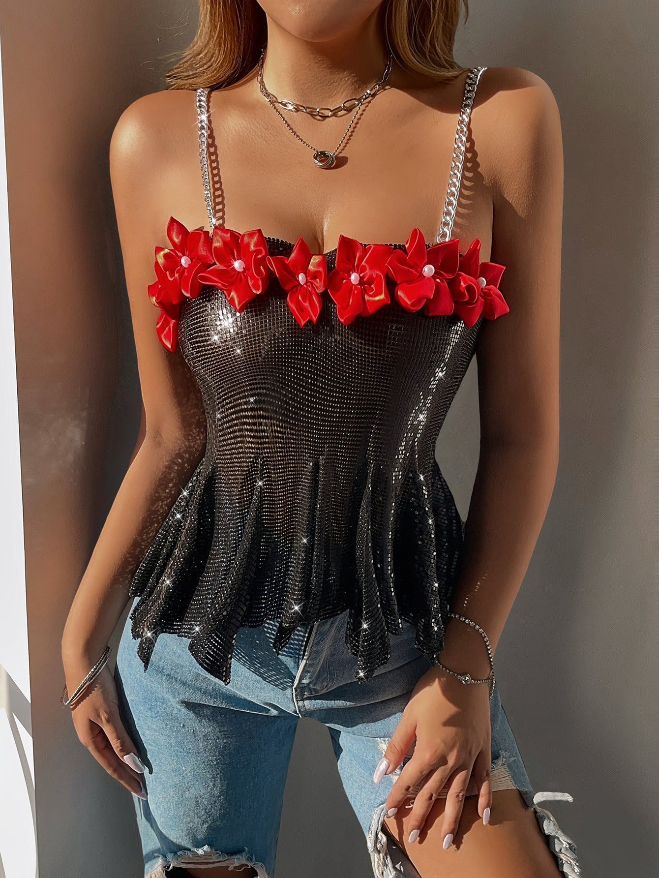Night Passionate Floral-Embellished Sequined Cami Top