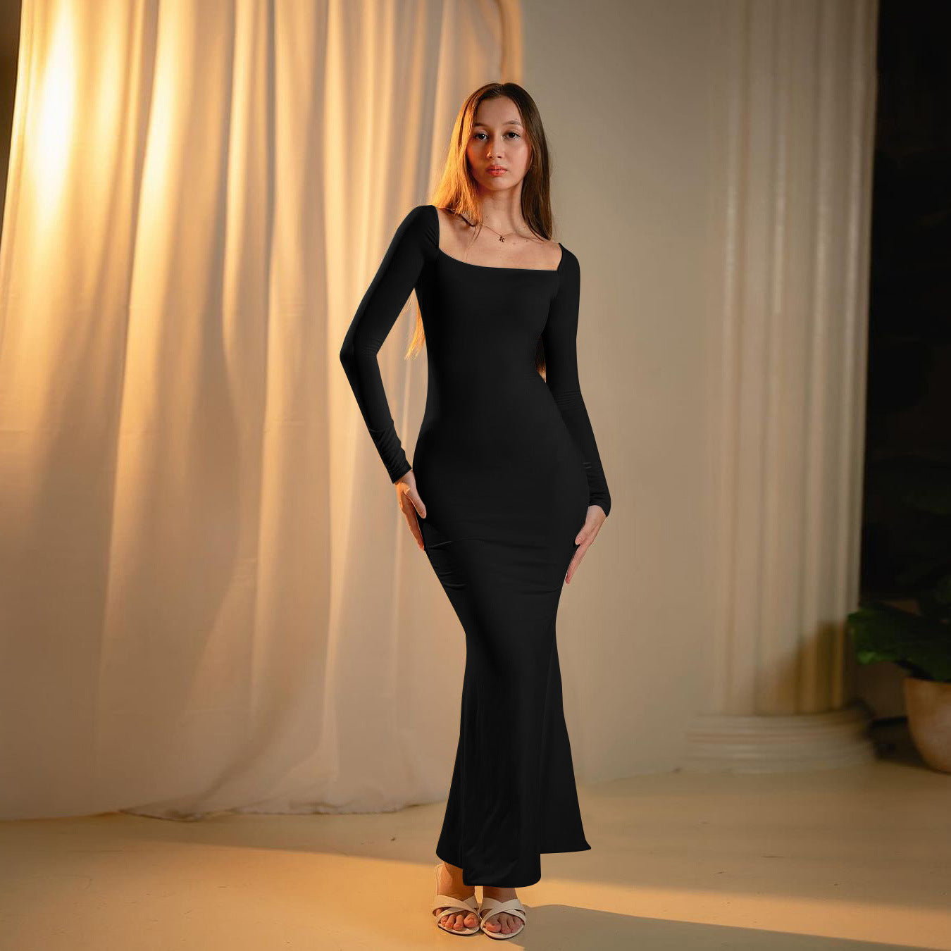 Square Collar Slimming Elegant Black Dress