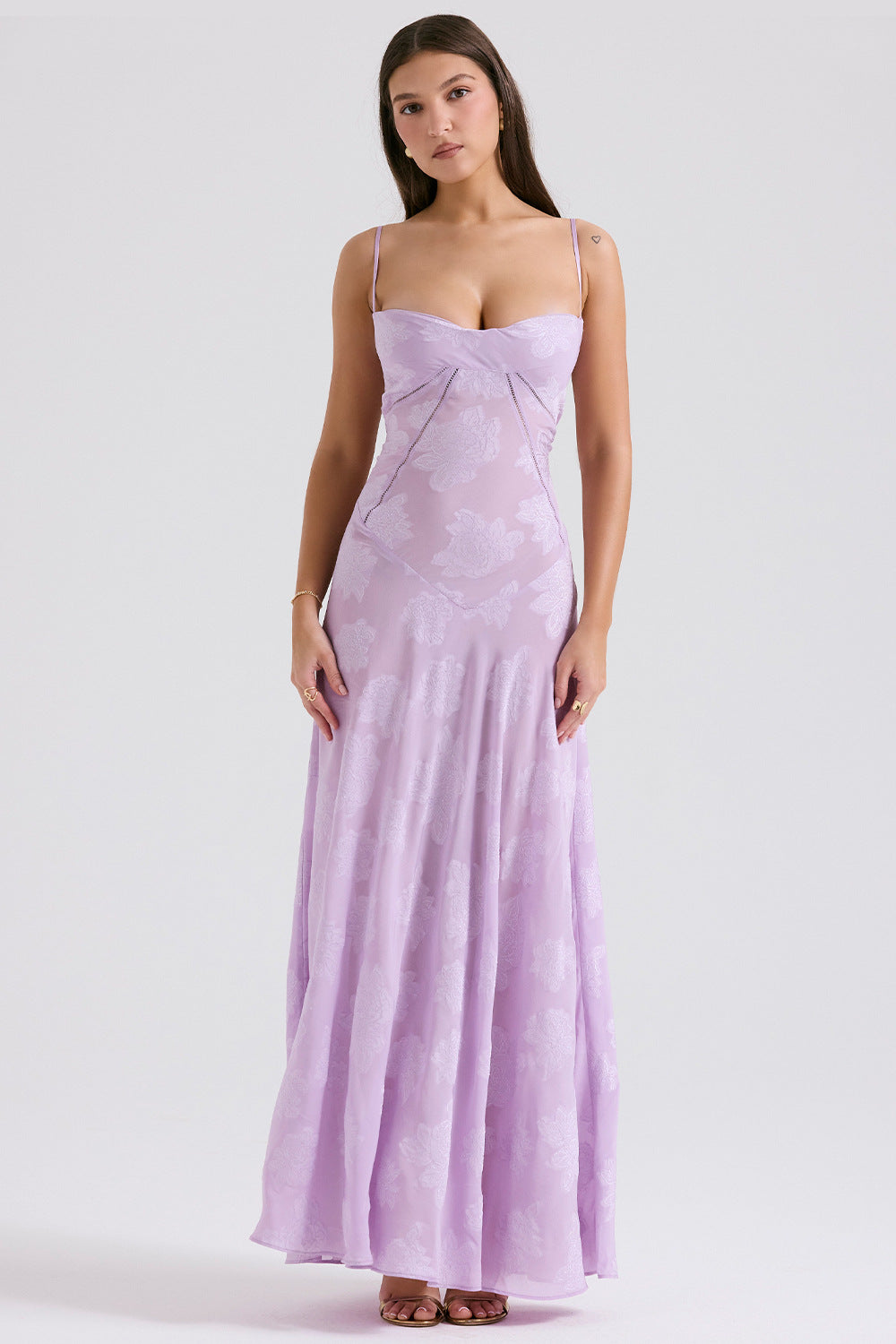 Spaghetti Strap Floral Jacquard Lace-Up Side Satin Maxi Dress
