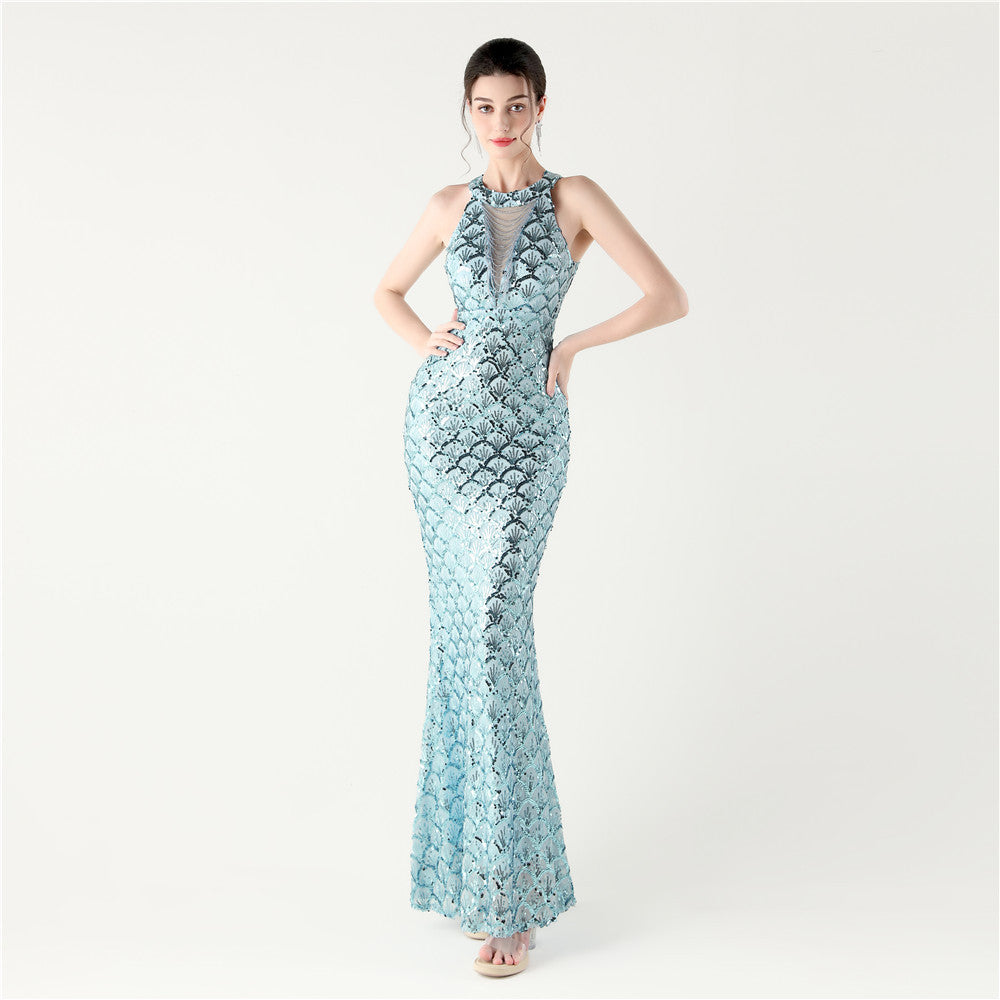 Halter Neck Sequin Illusion Mesh Mermaid Maxi Gown 3