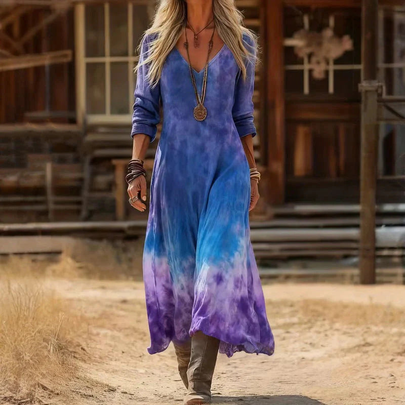 V-Neck Long Sleeve Embroidered Motif Linen Boho Maxi Dress