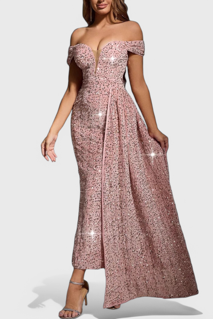 Off-Shoulder Sweetheart Sequin High Slit Mermaid Maxi Gown