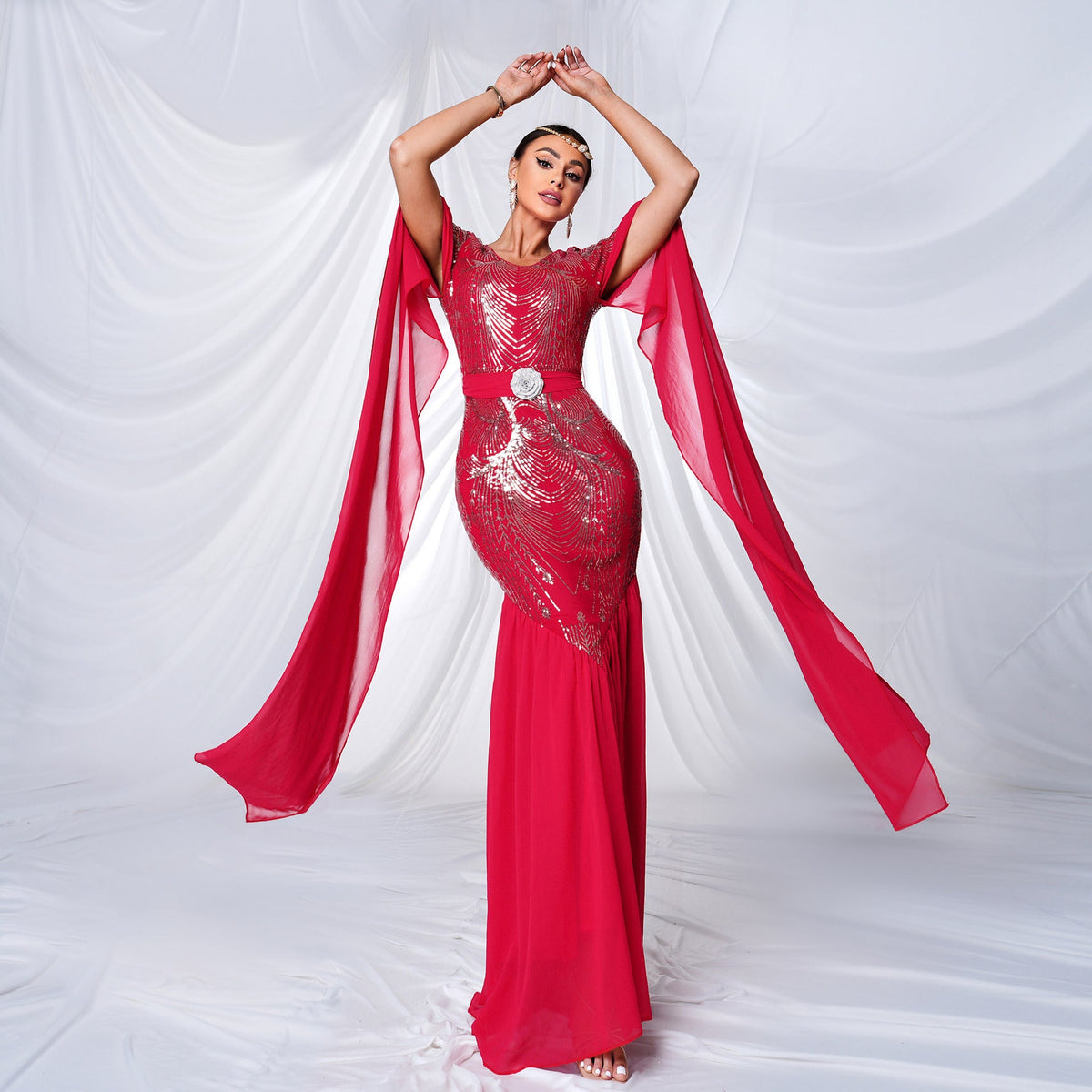 Red Round Neck Sequin Chiffon Cape Sleeve Mermaid Maxi Gown