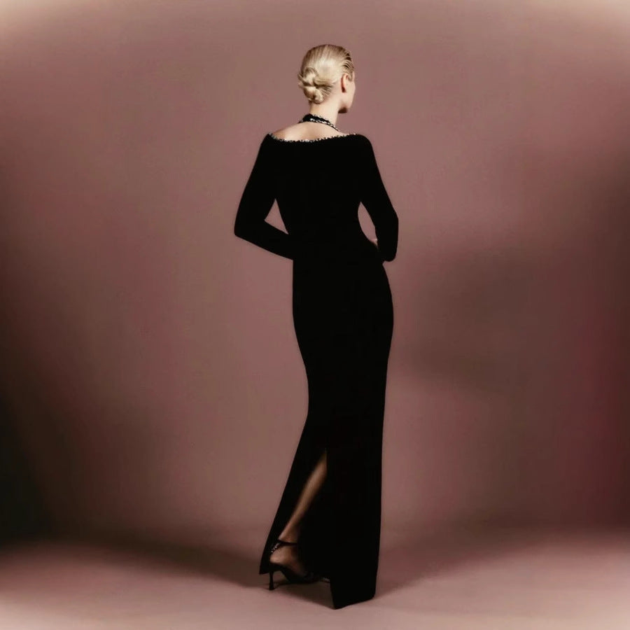 V-Neck Rhinestone Bandage Long Sleeve Fall Prom Dress black / XS promdress-250223