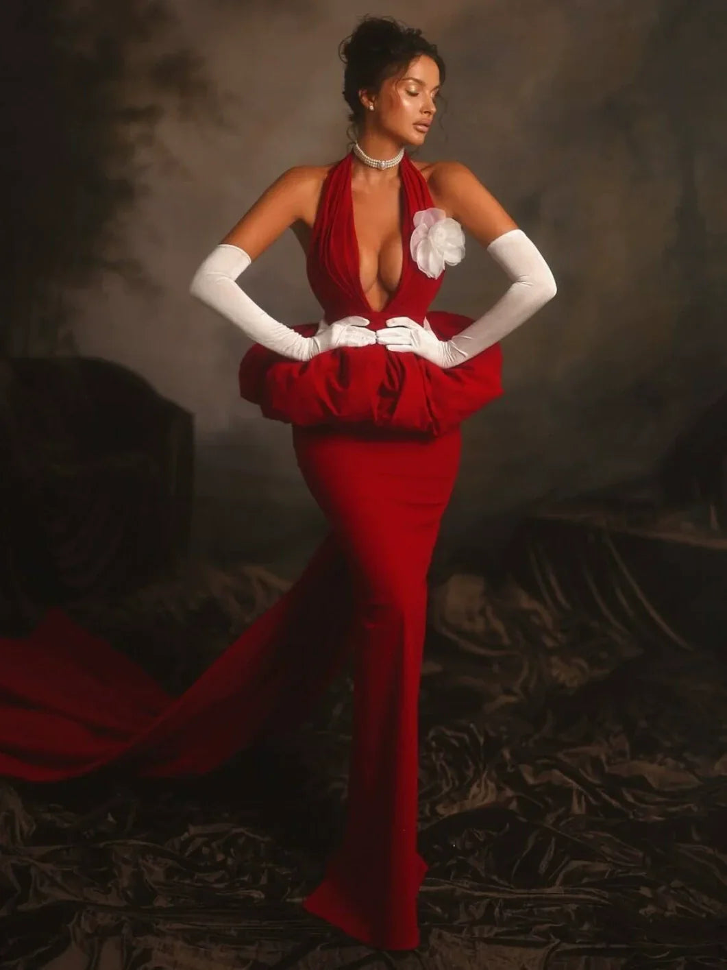 Red Halter Plunge Neck Floral Applique Peplum Mermaid Maxi Gown