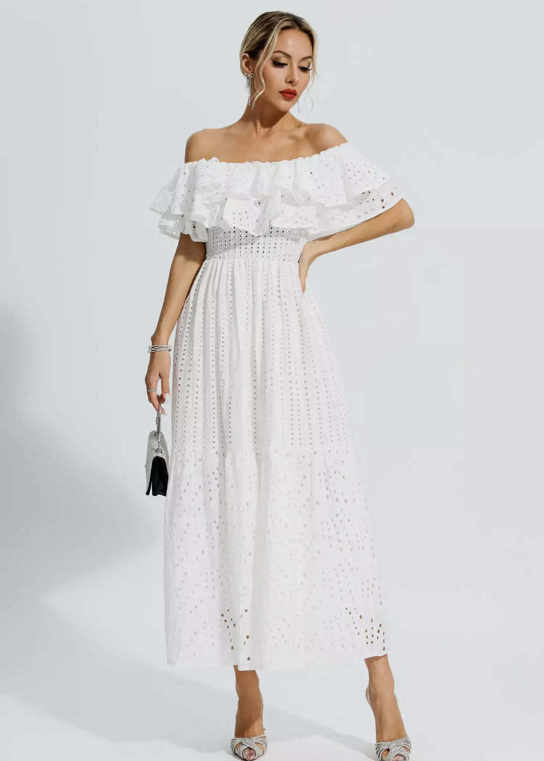 Lunara Eyelet Off-Shoulder Dress White Ruffle Midi