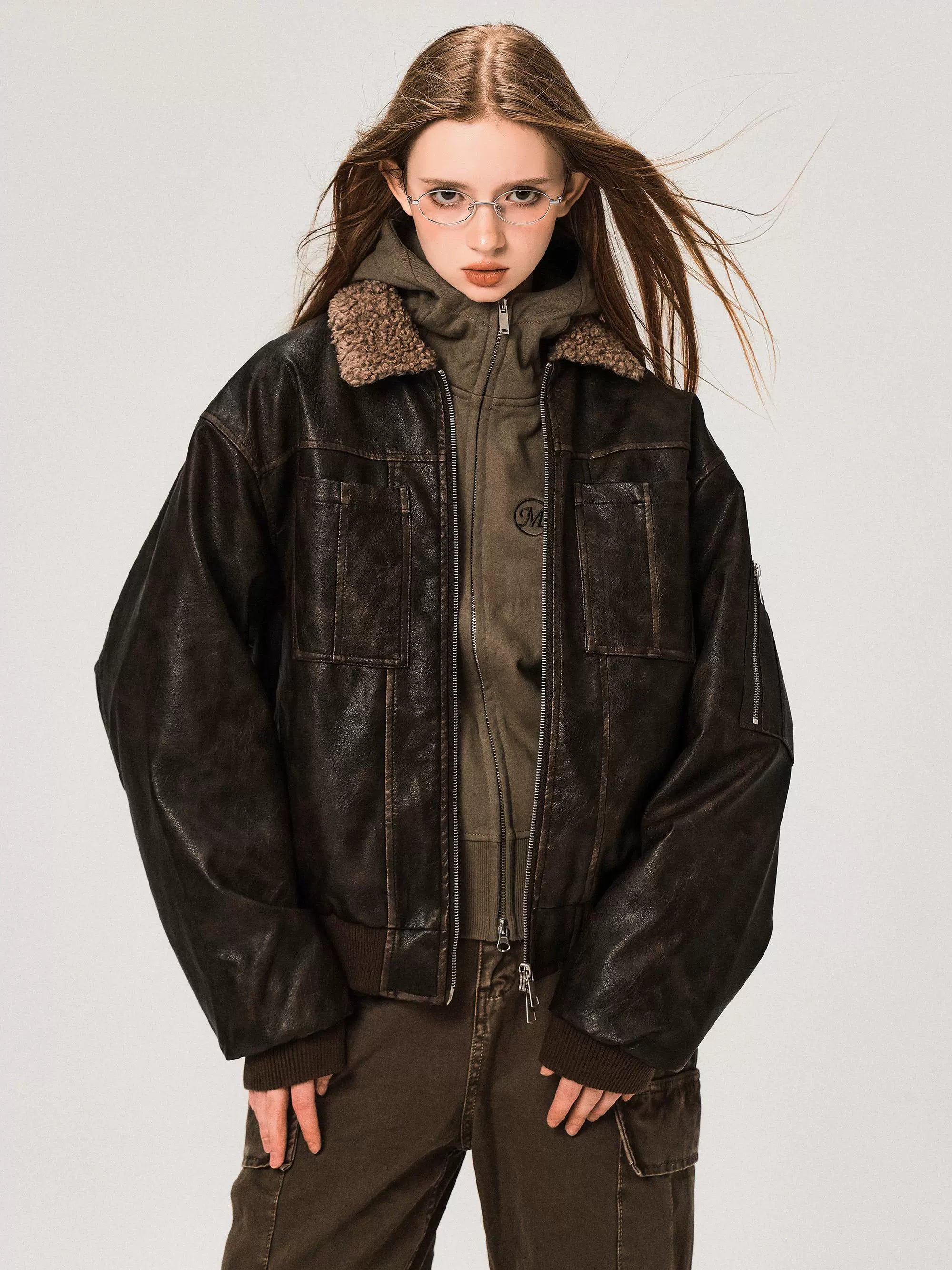PU Leather Jacket with Lamb Wool Collar