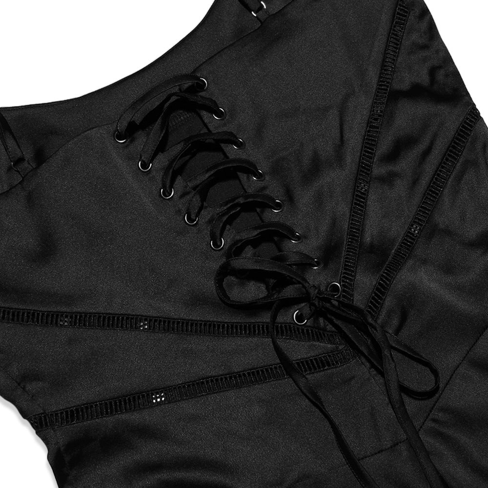 Square Neck Pintuck Trim Lace Up Back Satin Slip Maxi Dress - Black