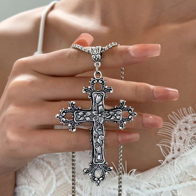 Exaggerated Gothic Silver Cross Hiphop Sweater Necklace