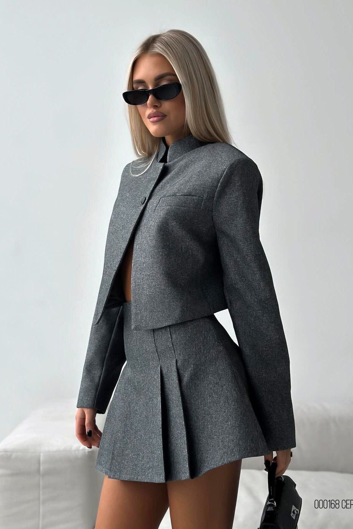 Stand-up Collar Cardigan Suit