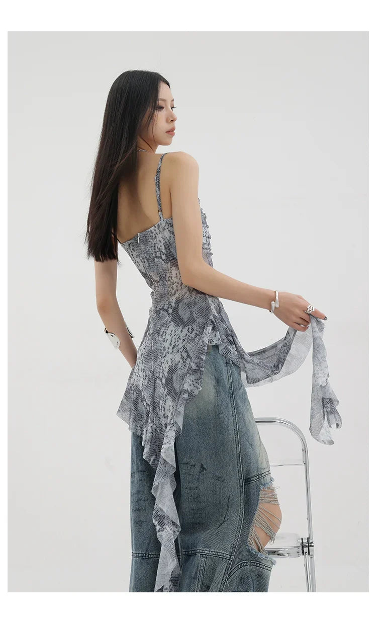 Black Asymmetric Ribbon Strap Tank Top With Ruffle Edge Design
