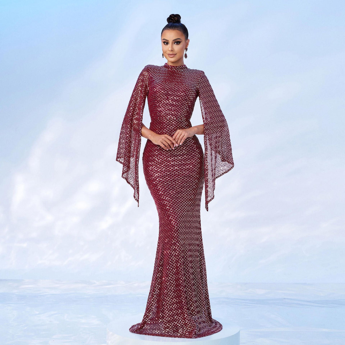 Mock Neck Cape Sleeve Sequin Mermaid Gown