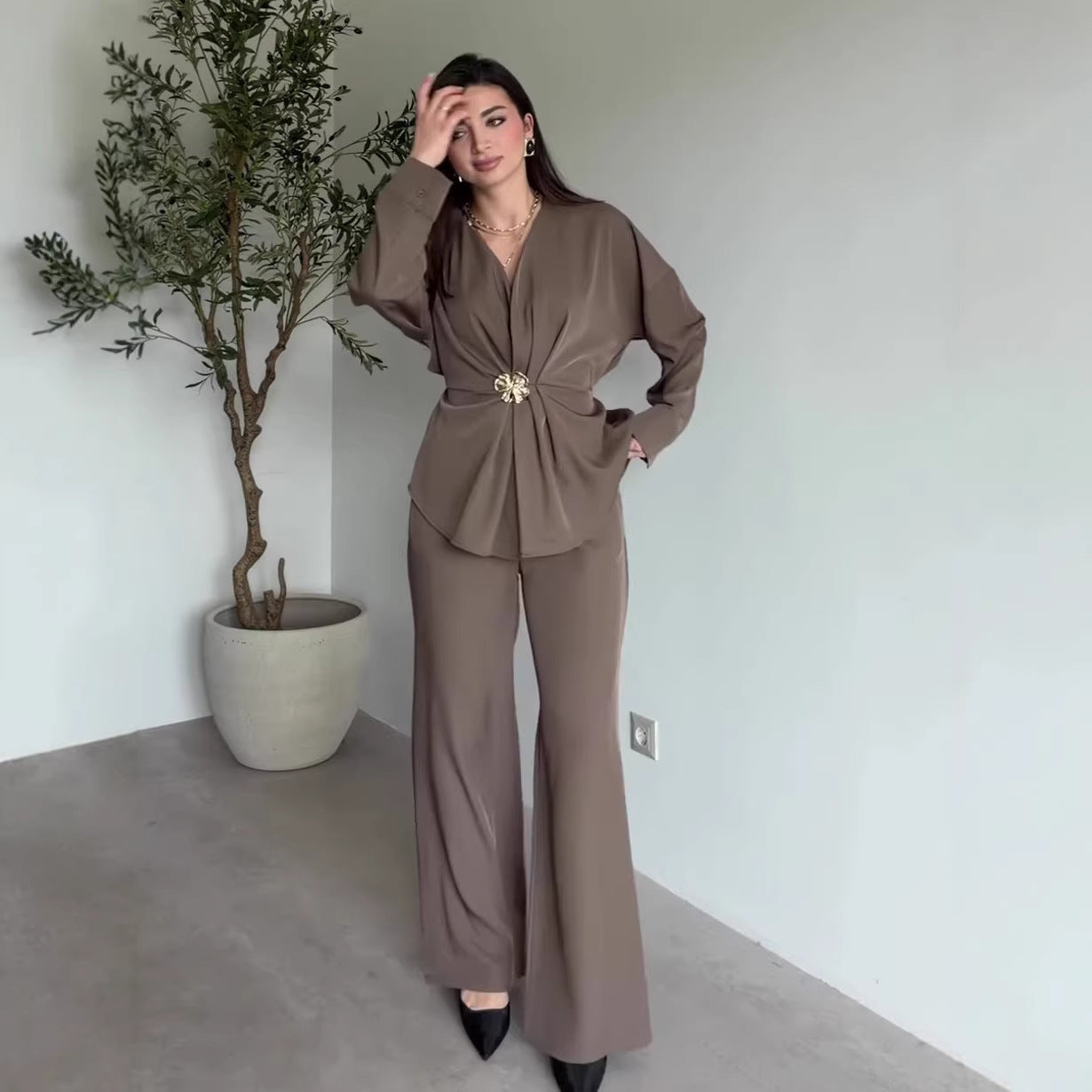 Solid Color Long Sleeve Button Peplum Top Straight Leg Pants Casual Two Piece Sets