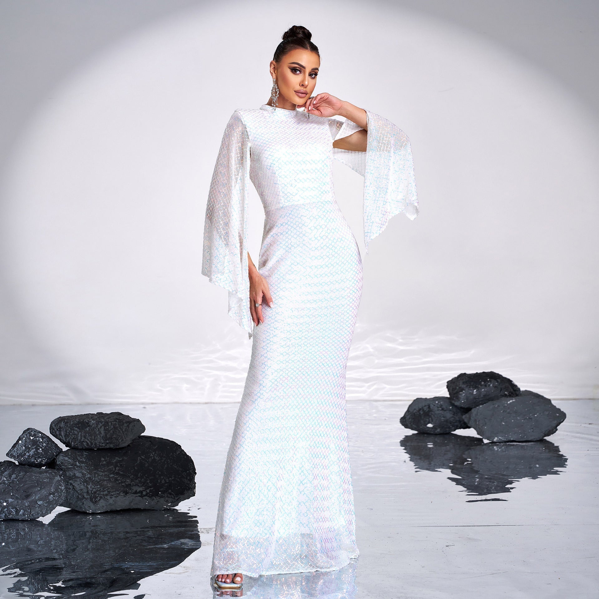 Mock Neck Cape Sleeve Sequin Mermaid Gown