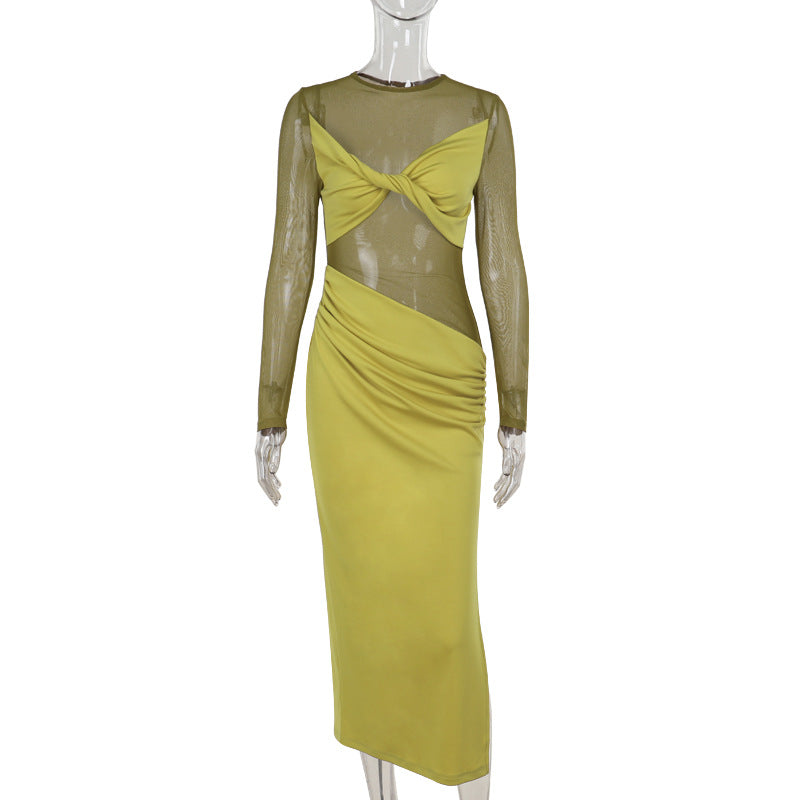 Mesh Stitching Sheer Long Sleeve Maxi Dress